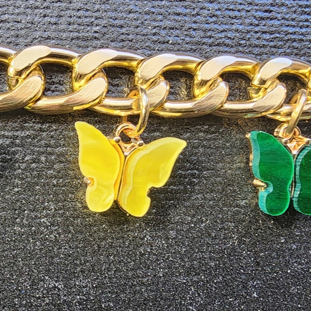 Hand Crafted Gold Chain and Green-Yellow Butterfly Charms - Picture 6 of 10
